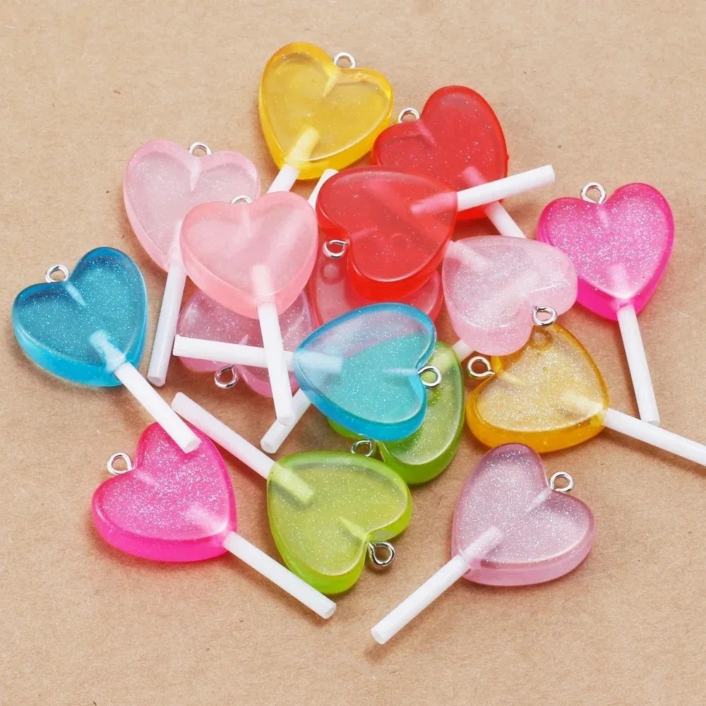 Resin Craft Material - 10Pcs Kawaii Sparkly Heart Lollipop Resin